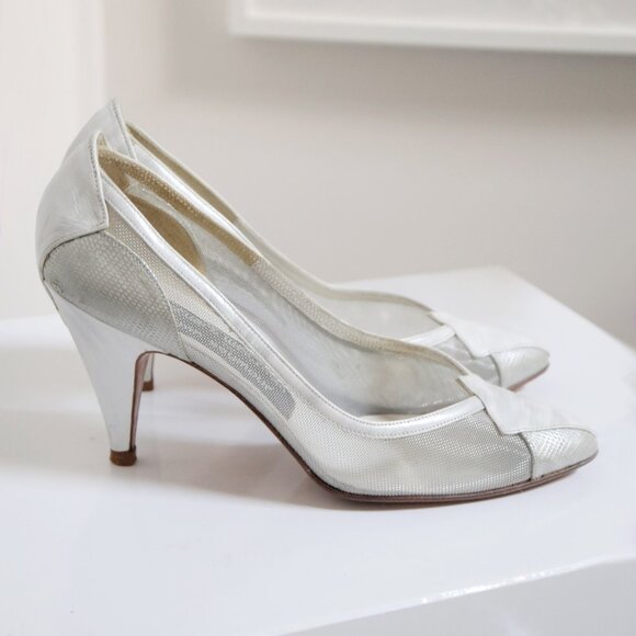 Vintage Stuart Weitzman for Mr Seymour White Painted Leather Mesh Stiletto Heel - Picture 3 of 10